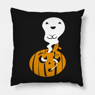 Cute Ghost Emerging From Shocked Jack-O-Lantern - Children's Halloween Illustration Pillow