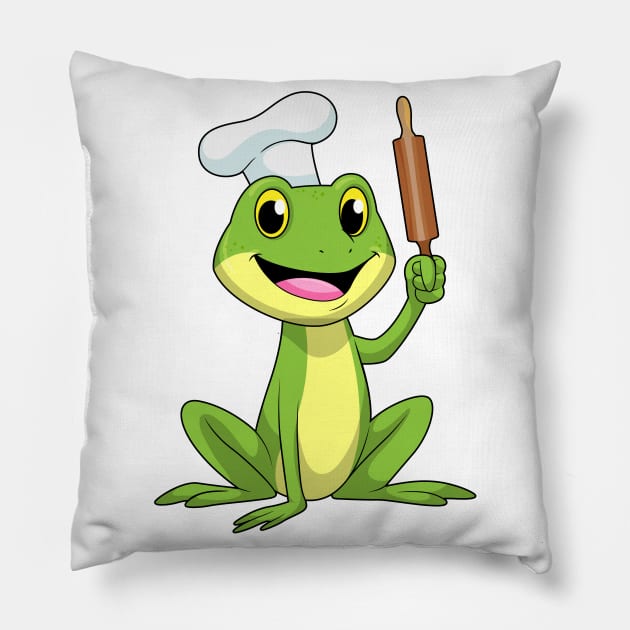 Frog as Baker with Rolling pin & Cooking hat Pillow by Markus Schnabel