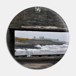 Craster Sea Wall View of Dunstanburgh Castle, Northumberland, UK Pin