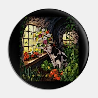 watercolor cow with garden and mixed flowers Pin