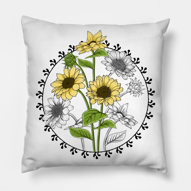 Sunflowers Line Art Design Pillow by Designoholic