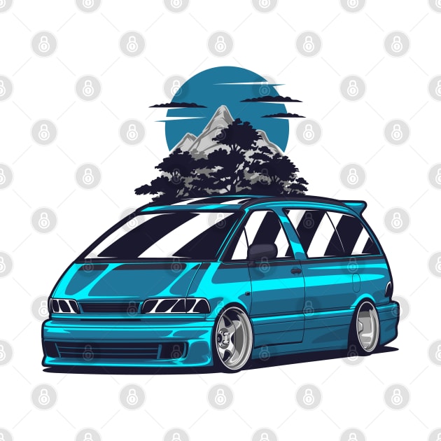 Blue Estima Previa Classic JDM Van Mountains by KaroCars