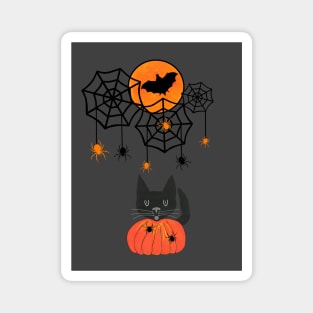 HAPPY Halloween Black Cat In A Pumpkin With Spiders Magnet