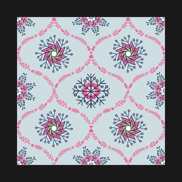 Snowflakes and branches ogee pattern in pink and light blue by colorofmagic