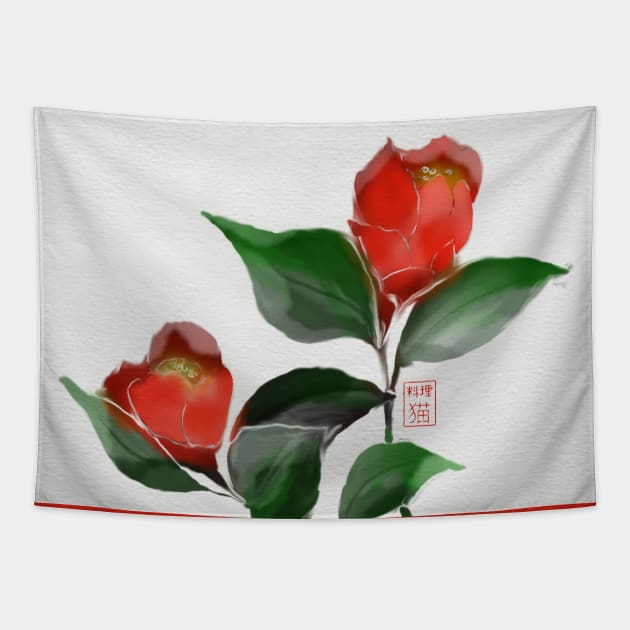 Red watercolor and sumiE ink camellia flowers Tapestry by cuisinecat