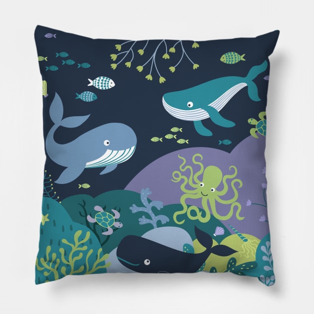 Whales paradise seascape - cute underwater scene with octopus Pillow by Cecca