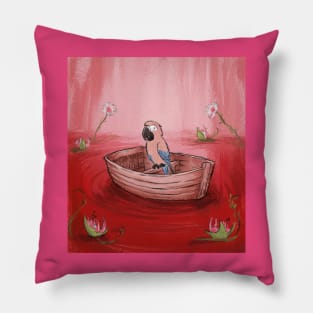 AI generated floral lake parrot on boat Pillow