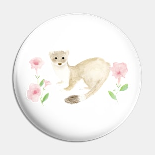 Watercolor Weasel With Pink Petunias Pin