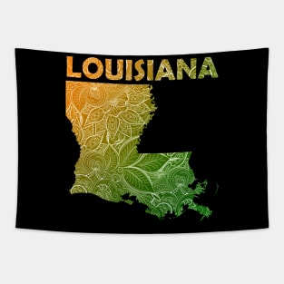 Colorful mandala art map of Louisiana with text in green and orange Tapestry