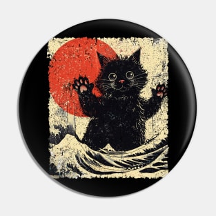 Catzilla Cat Sunset Japanese Art Funny Pin