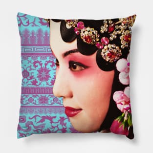 Chinese Opera Star Blue with Blush Pink Traditional Floral Pattern- Hong Kong Retro Pillow