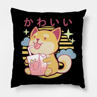 Kawaii Aesthetics Japanese Strawberry Milk Shake かわいい Dog - Purple - Strawberry Milk Pillow