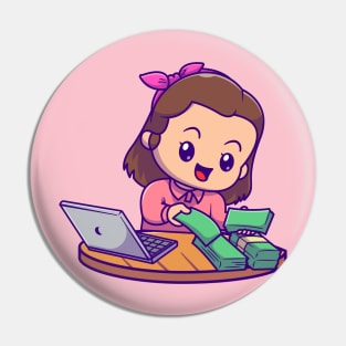 Cute Female Accountant With Laptop And Money Cartoon Pin