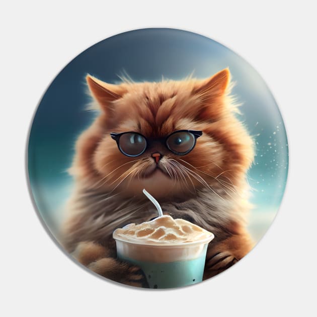 Cute Cat Drinks Coffee at the beach Pin by Ovation4U