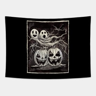 Pumpkin face scary with ghosts and full moon, vintage effect cute Halloween in dark atmosphere Tapestry