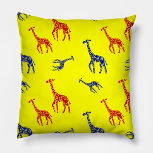 Blue and Red Giraffe Pattern in Yellow Background Pillow