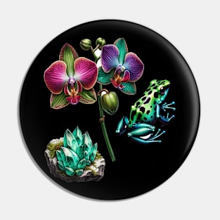 Rainforest Wonders: Orchid, Amazonite, and Frog Pin