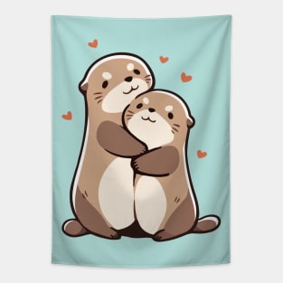 Two Cute Sea Otters Hugging - Love Tapestry