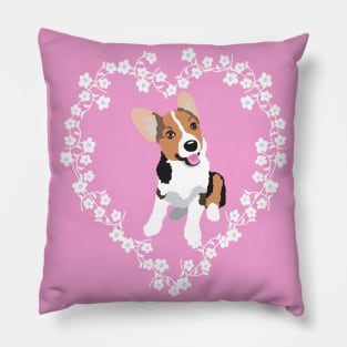 Corgi Puppy Cherry Blossom Heart Pillow