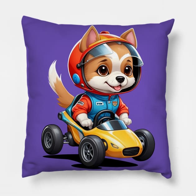 Cartoon Dog Driving a Race Car Pillow by Leon Star Shop