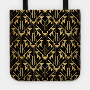 Black and Gold Faux Foil Vintage Art Deco Geometric Triangle Pattern Tote