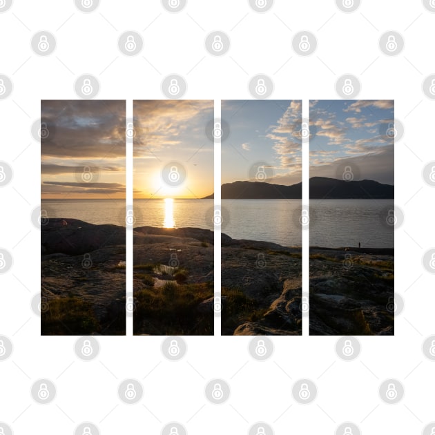 Wonderful landscapes in Norway. Vestland. Beautiful scenery of a sunset on a calm sea in a sunny day with sunrays through the clouds and a fisherman on the shore. Yellow sky and rocks by fabbroni-art