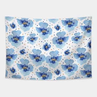 Blue violet watercolor flowers with yellow and blue polka dot repeated pattern Tapestry