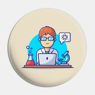 Cute Female Scientist Operating Laptop In The Laboratory Cartoon Vector Icon Illustration Pin