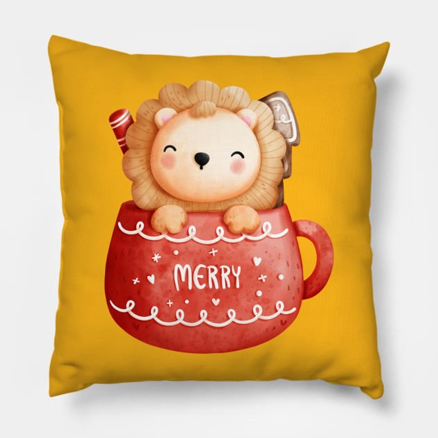 The Baby Lion In A Christmas Cup Pillow by The Little Store Of Magic