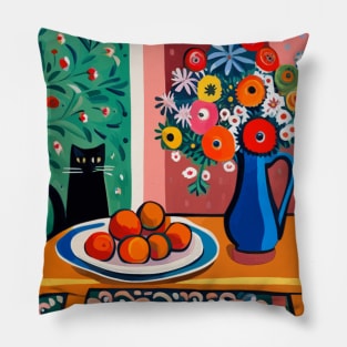 Black Cat with Flowers in a Blue Vase Pillow