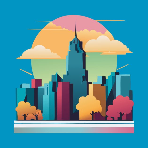 t-shirt design, colorful city skyline with buildings and clouds, vector art by goingplaces