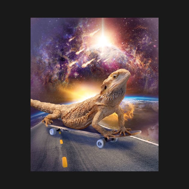 Bearded Dragon Lizard On Skateboard In Space by Random Galaxy