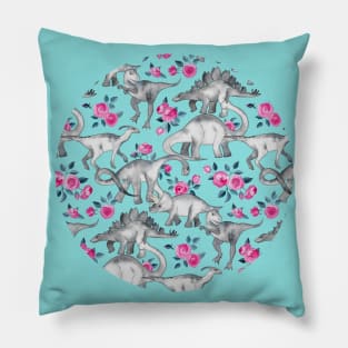 Dinosaurs and Roses – turquoise blue Pillow