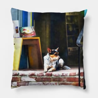 Alexandria VA - Corgi Relaxing in Front of King St. Art Gallery Pillow