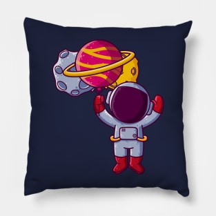 Cute Astronaut Flying with Planet Balloons Cartoon Pillow