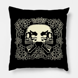 Twin Skulls and Sakura Ink Art Tattoo Retro White Pillow