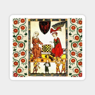 MEDIEVAL CHESS PLAYERS IN COURT WITH RED WILD ROSES Magnet