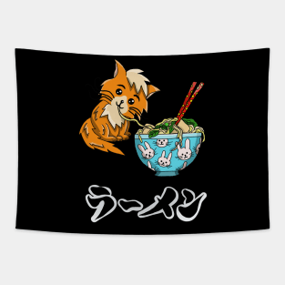 A cute cartoon cat eating a bowl of ramen noodles Tapestry