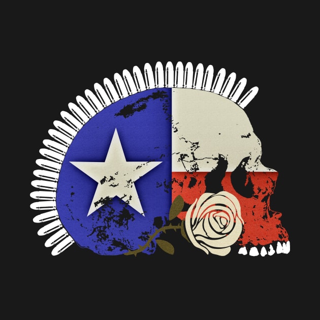 Texas Flag Skull with Bullet Mohawk and White Rose by RawSunArt