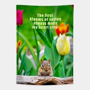 Chipmunk in a spring bed of tulips Tapestry