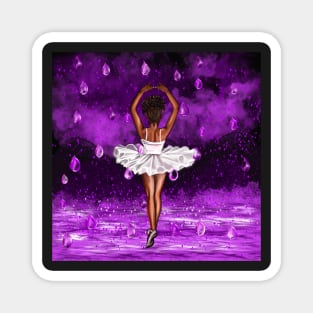 Black ballerina with white tutu dancing in the rain, ballerina among raindrops falling into Water Magnet