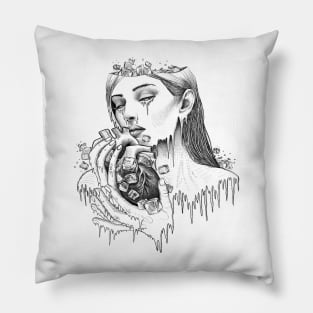 Frost illustration of woman holding ice heart. Pillow