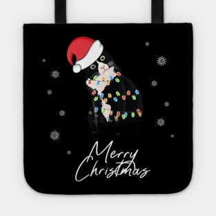 Merry Christmas Black Cat Santa Meoww Tree Lights Tote