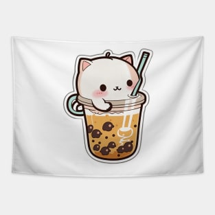 Cute Cat Drinking Bubble Tea Cartoon Boba Drawing Tapestry