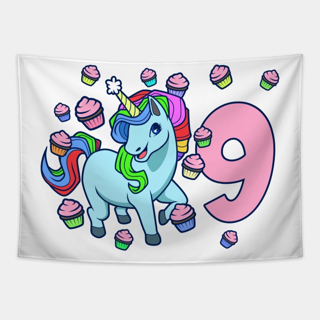 I am 9 with unicorn - girl birthday 9 years old Tapestry by Modern Medieval Design