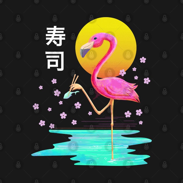 Flamingo Eating Sushi Vaporwave Aesthetic Japanese Kanji Art by Vaporwave