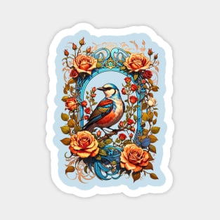 Bird on a branch with roses retro vintage floral design Magnet