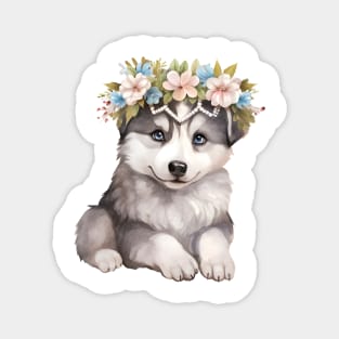 Watercolor Siberian Husky Dog with Head Wreath Magnet