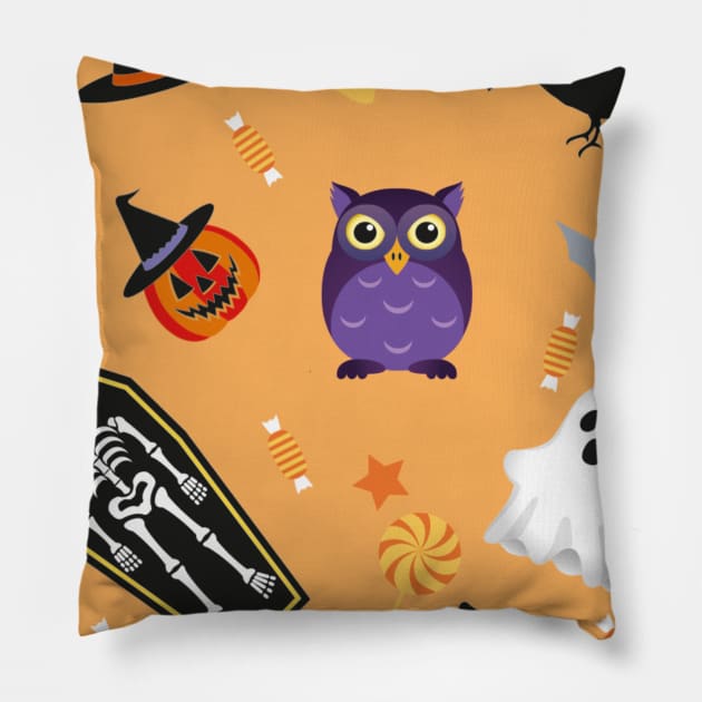 Halloween Pattern with ghost, hat , Human skeleton , owl, bat , candy, pumpkin ,Crows illustrations Pillow by MerchSpot