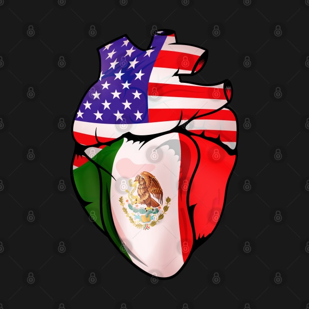 Mexican American Split Anatomical Heart With Flags by Biped Stuff